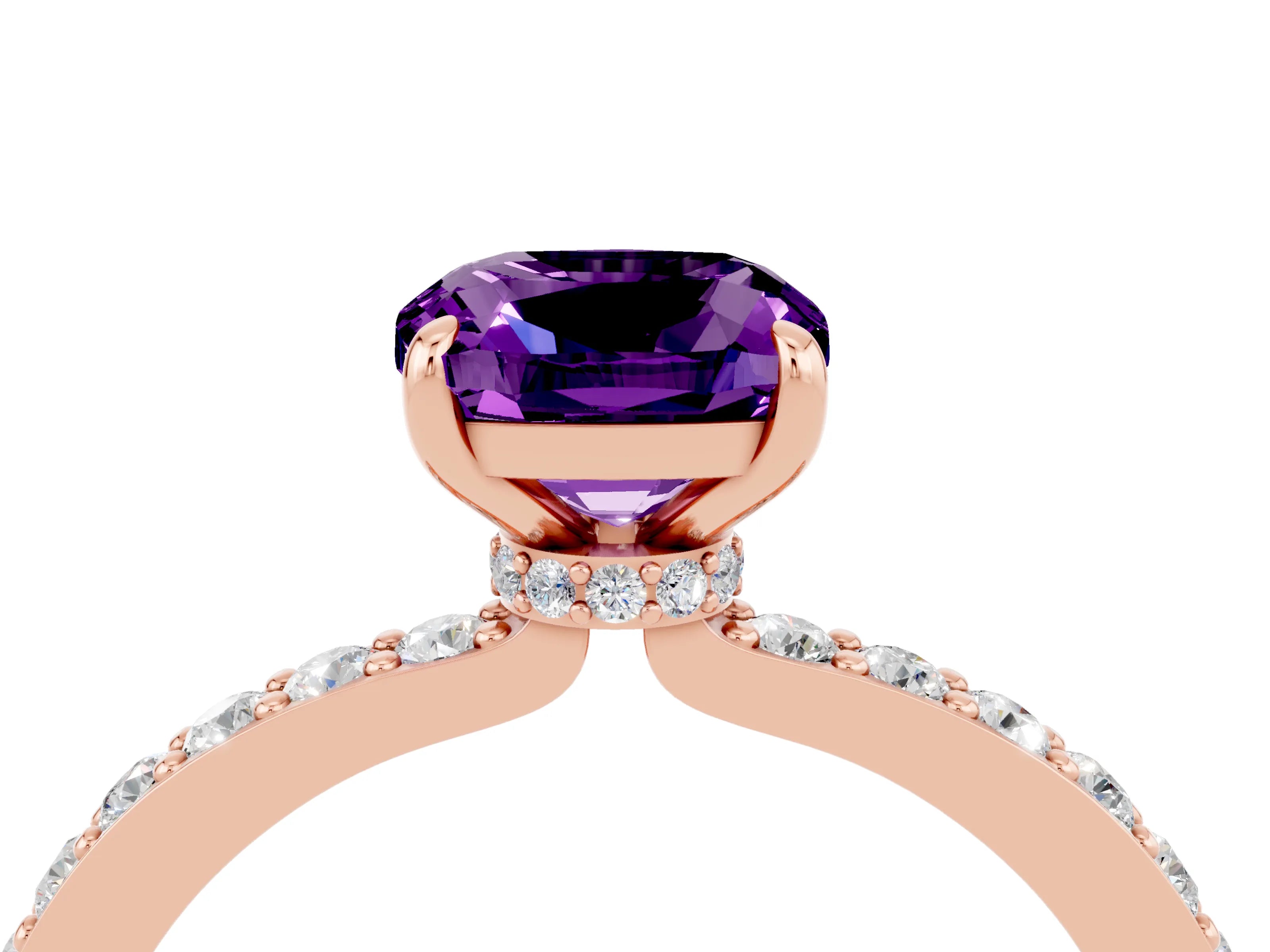 Rose gold Cushion Cut Amethyst Solitaire Engagement Ring with Pavé Band and Four-Prong Setting_4