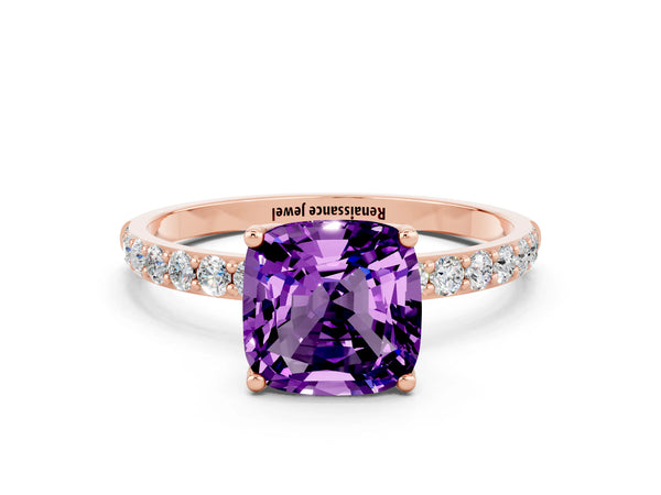 Rose gold Cushion Cut Amethyst Solitaire Engagement Ring with Round  Pavé Band and Prong Setting