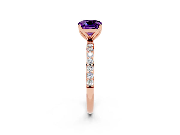 Rose gold Cushion Cut Amethyst Solitaire Engagement Ring with Round  Pavé Band and Prong Setting