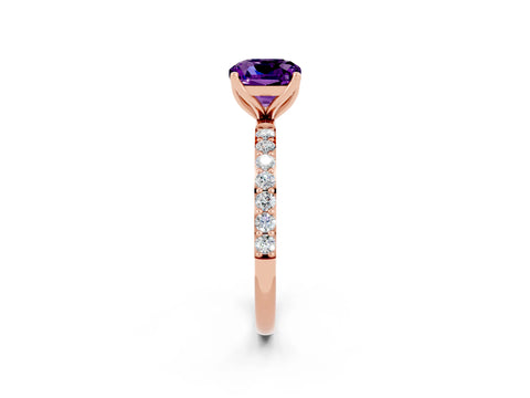 Rose gold Cushion Cut Amethyst Solitaire Engagement Ring with Pavé Band and Prong Setting_2