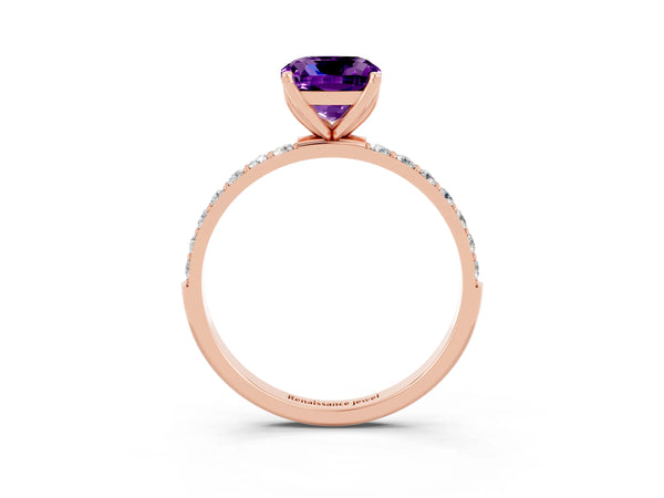 Rose gold Cushion Cut Amethyst Solitaire Engagement Ring with Round  Pavé Band and Prong Setting