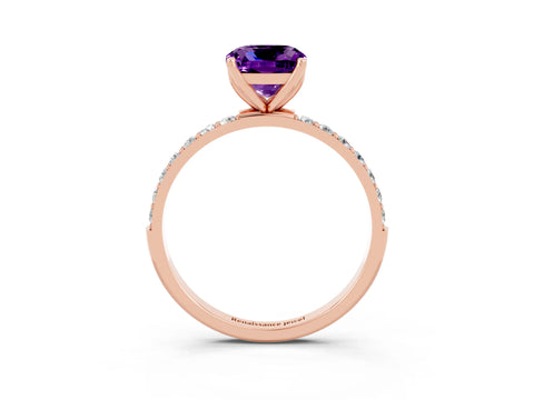 Rose gold Cushion Cut Amethyst Solitaire Engagement Ring with Pavé Band and Prong Setting_3