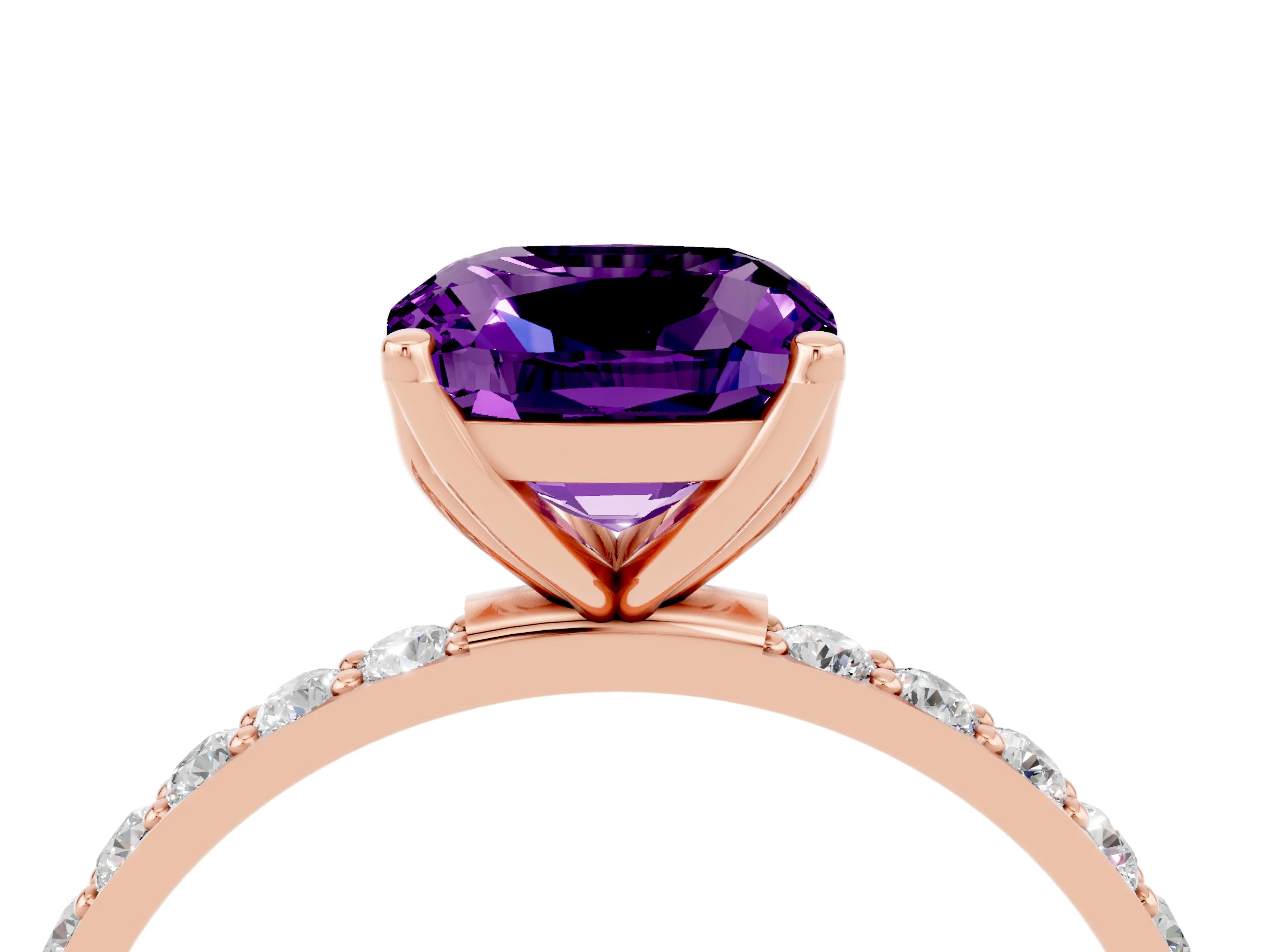 Rose gold Cushion Cut Amethyst Solitaire Engagement Ring with Pavé Band and Prong Setting_4