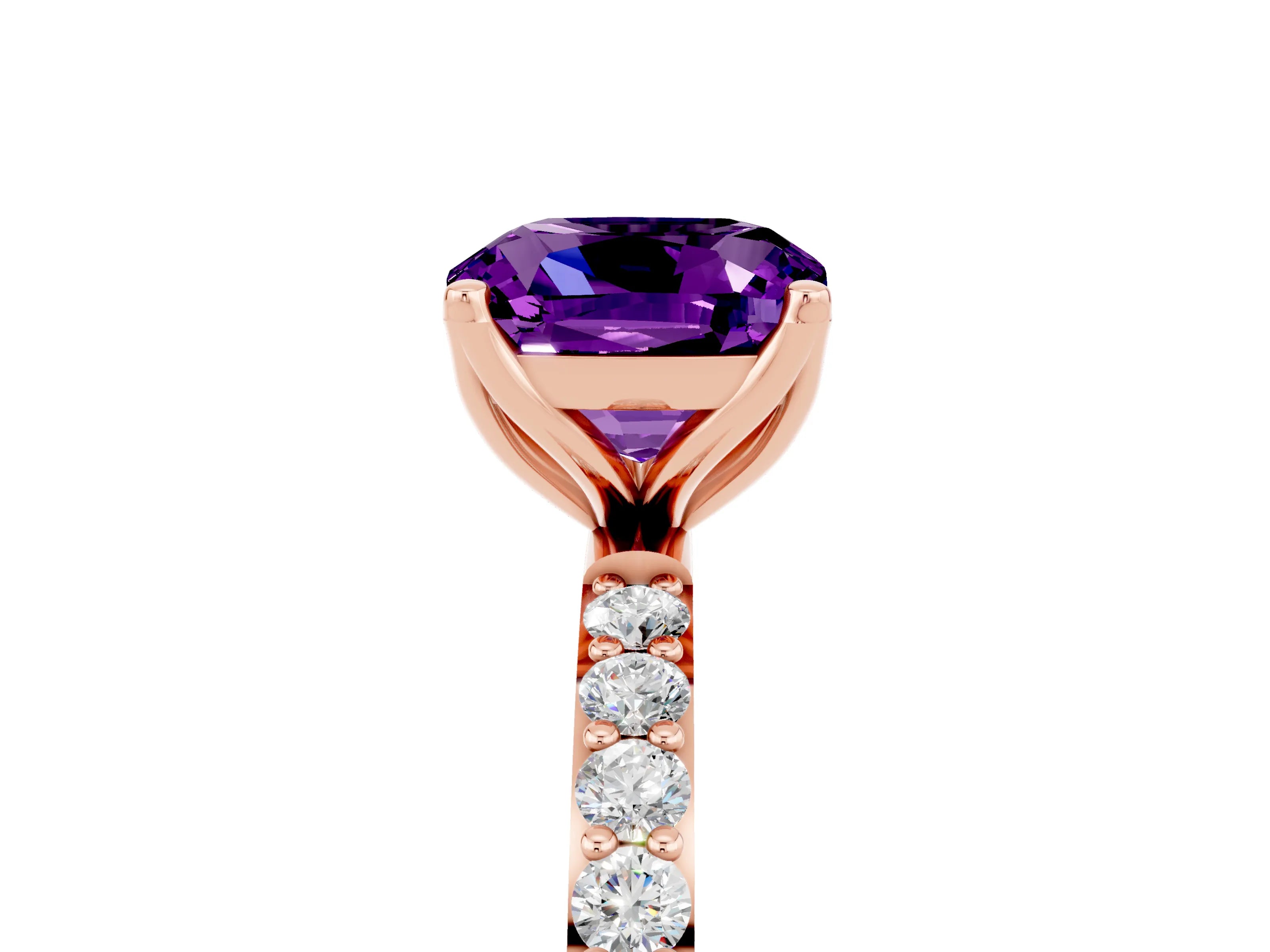 Rose gold Cushion Cut Amethyst Solitaire Engagement Ring with Pavé Band and Prong Setting_5