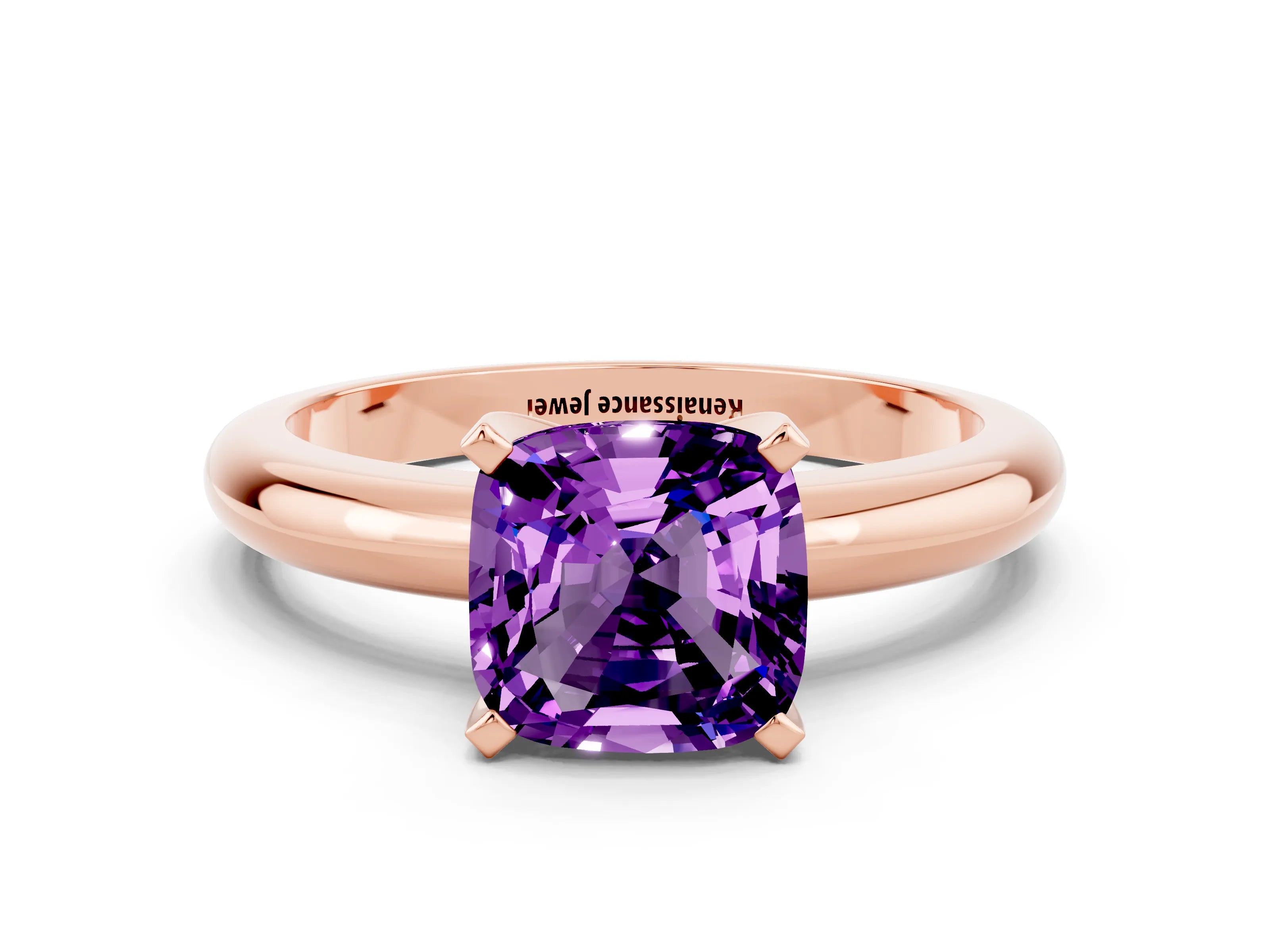 Rose gold Cushion Cut Amethyst Solitaire Engagement Ring with Round Band and Four-Prong Setting