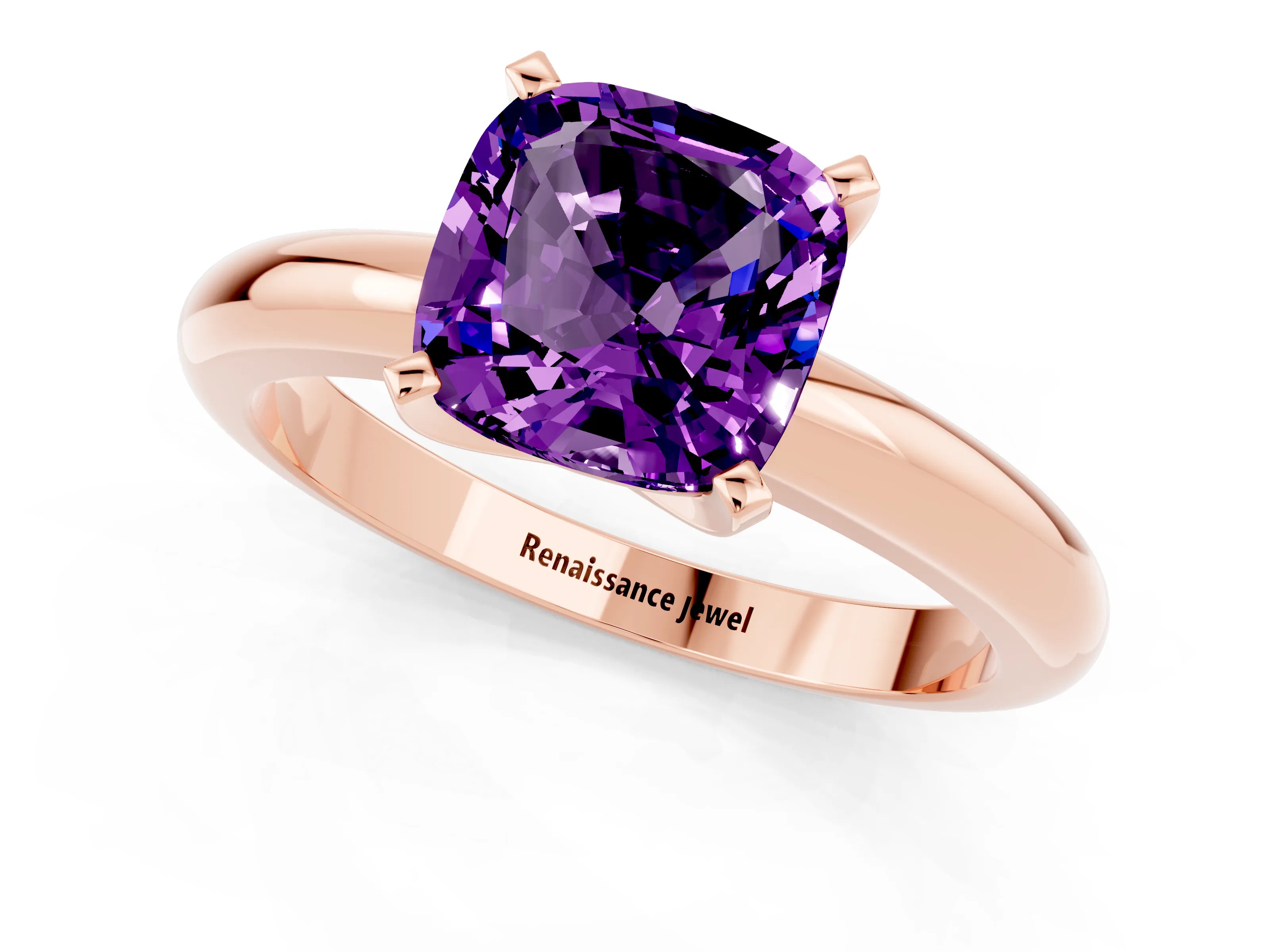 Rose gold Cushion Cut Amethyst Solitaire Engagement Ring with Round Band and Four-Prong Setting_1