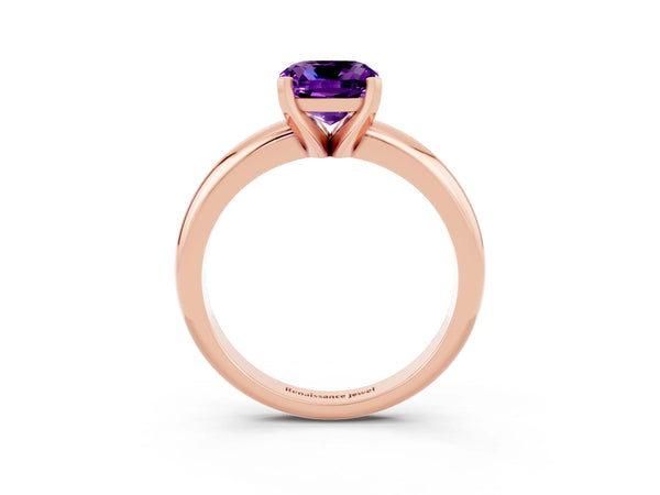 Rose gold Cushion Cut Amethyst Solitaire Engagement Ring with Round Band and Four-Prong Setting