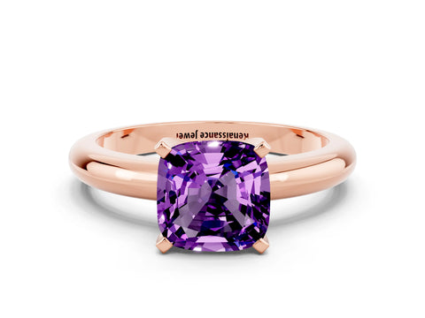 Rose gold Cushion Cut Amethyst Solitaire Engagement Ring with Round Band and Four-Prong Setting
