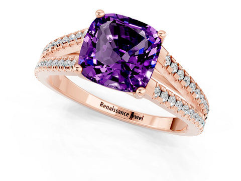 Rose gold Cushion Cut Amethyst Solitaire Engagement Ring with Split Shank Pavé Band_1