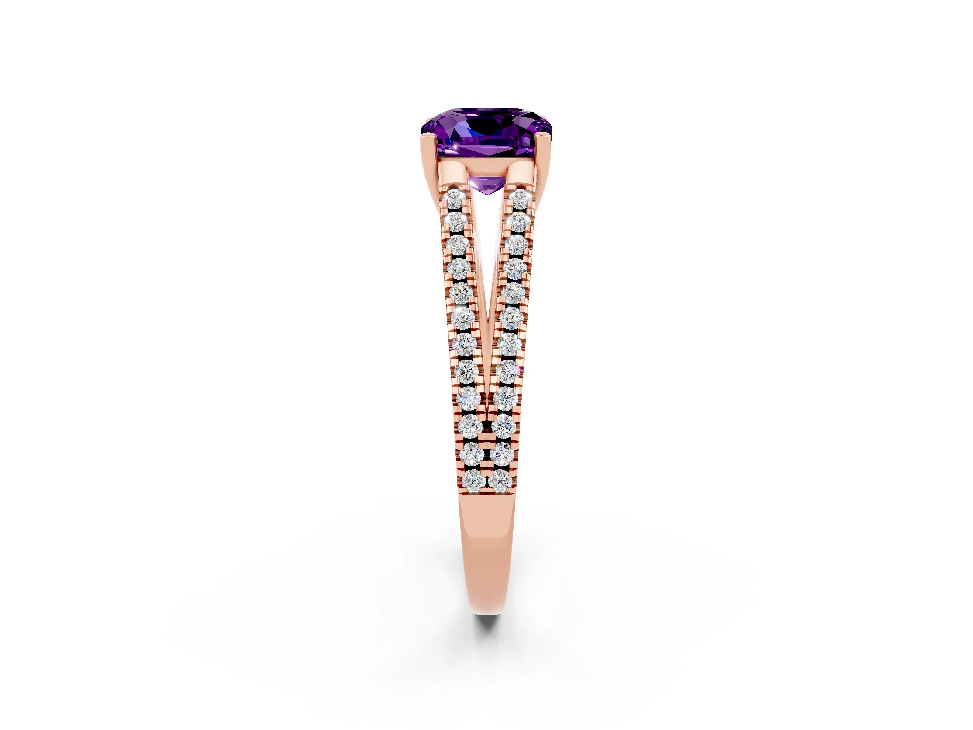 Rose gold Cushion Cut Amethyst Solitaire Engagement Ring with Split Shank Pavé Band_2
