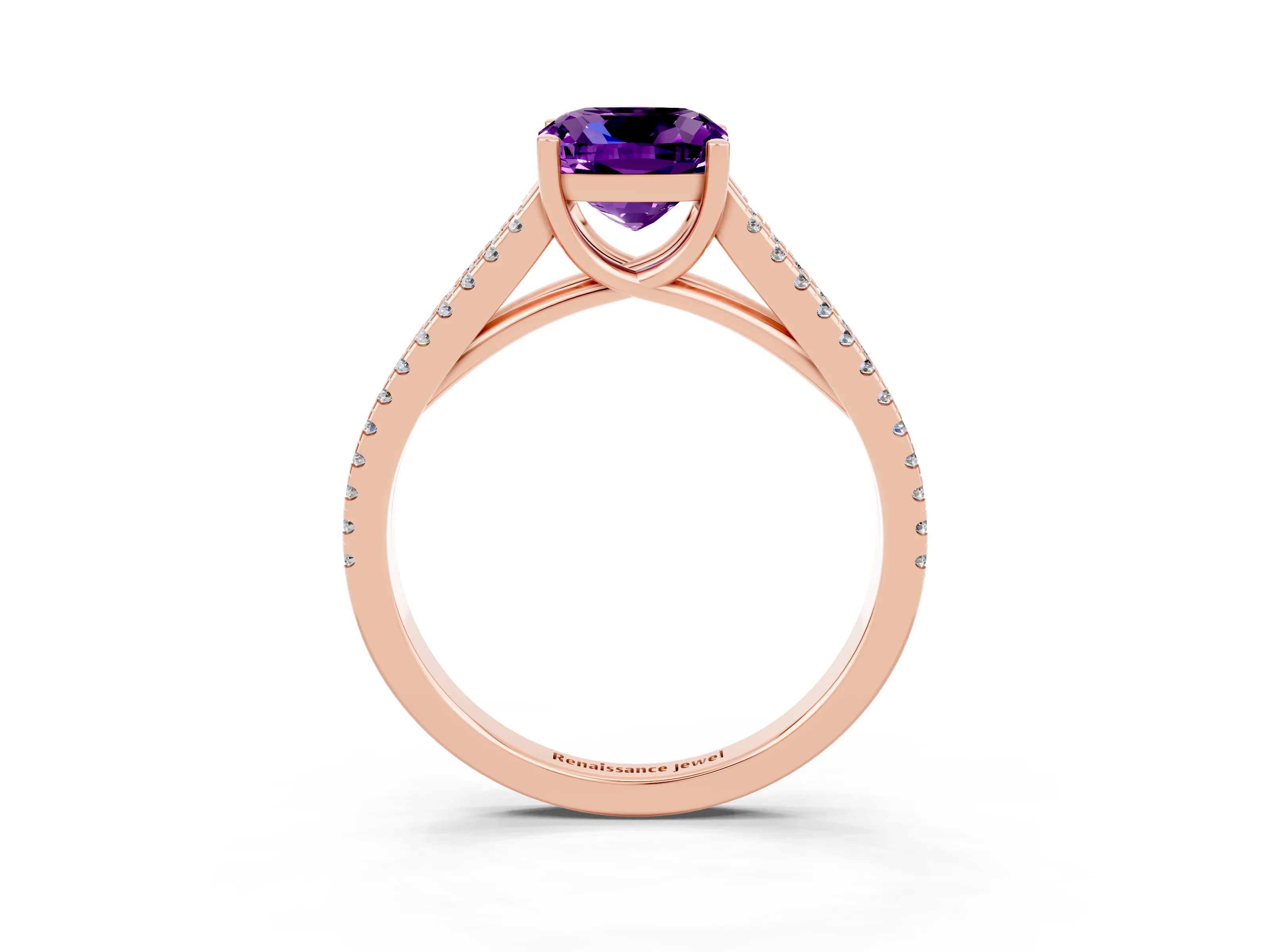 Rose gold Cushion Cut Amethyst Solitaire Engagement Ring with Split Shank Pavé Band_3