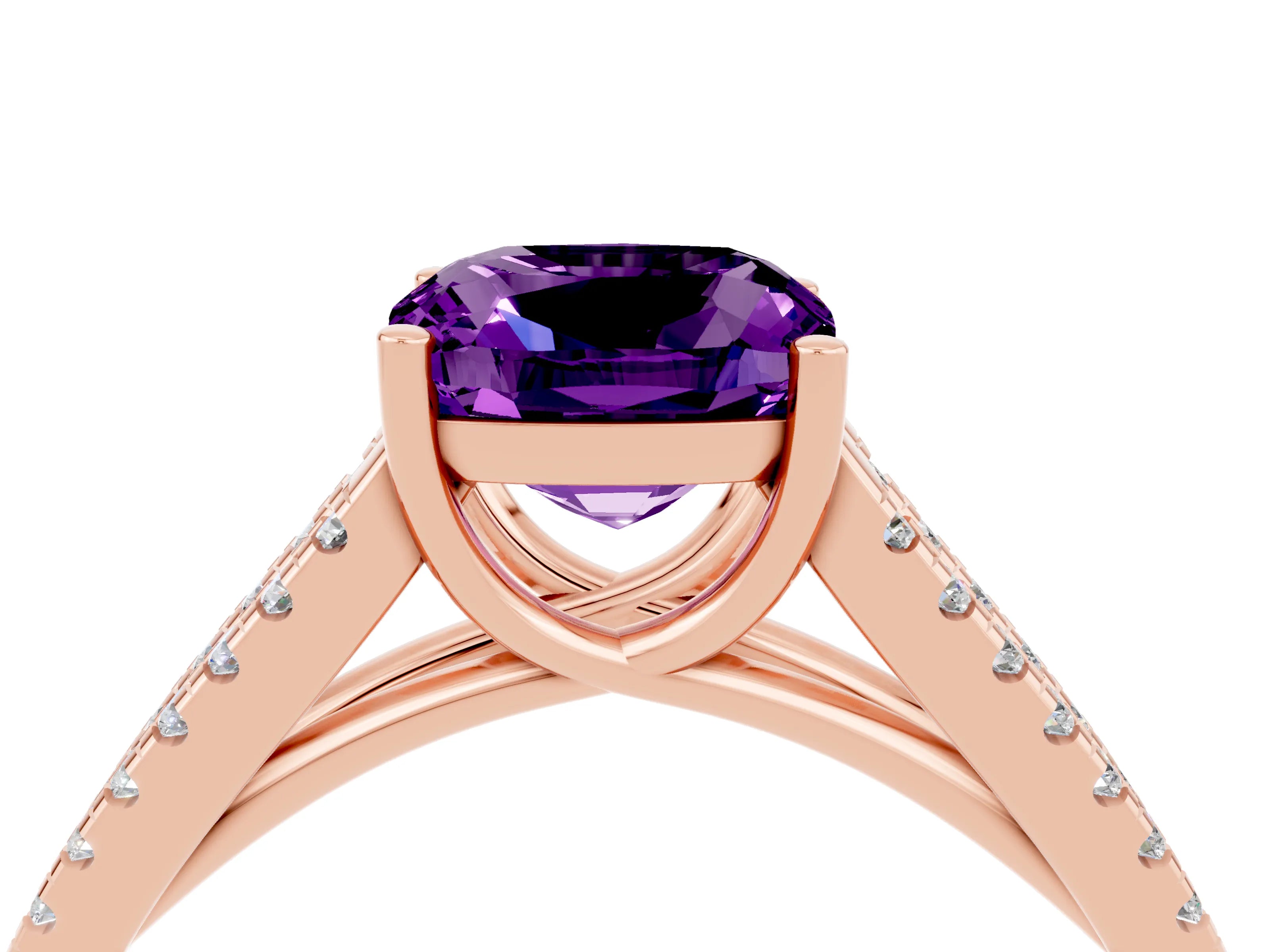Rose gold Cushion Cut Amethyst Solitaire Engagement Ring with Split Shank Pavé Band_4