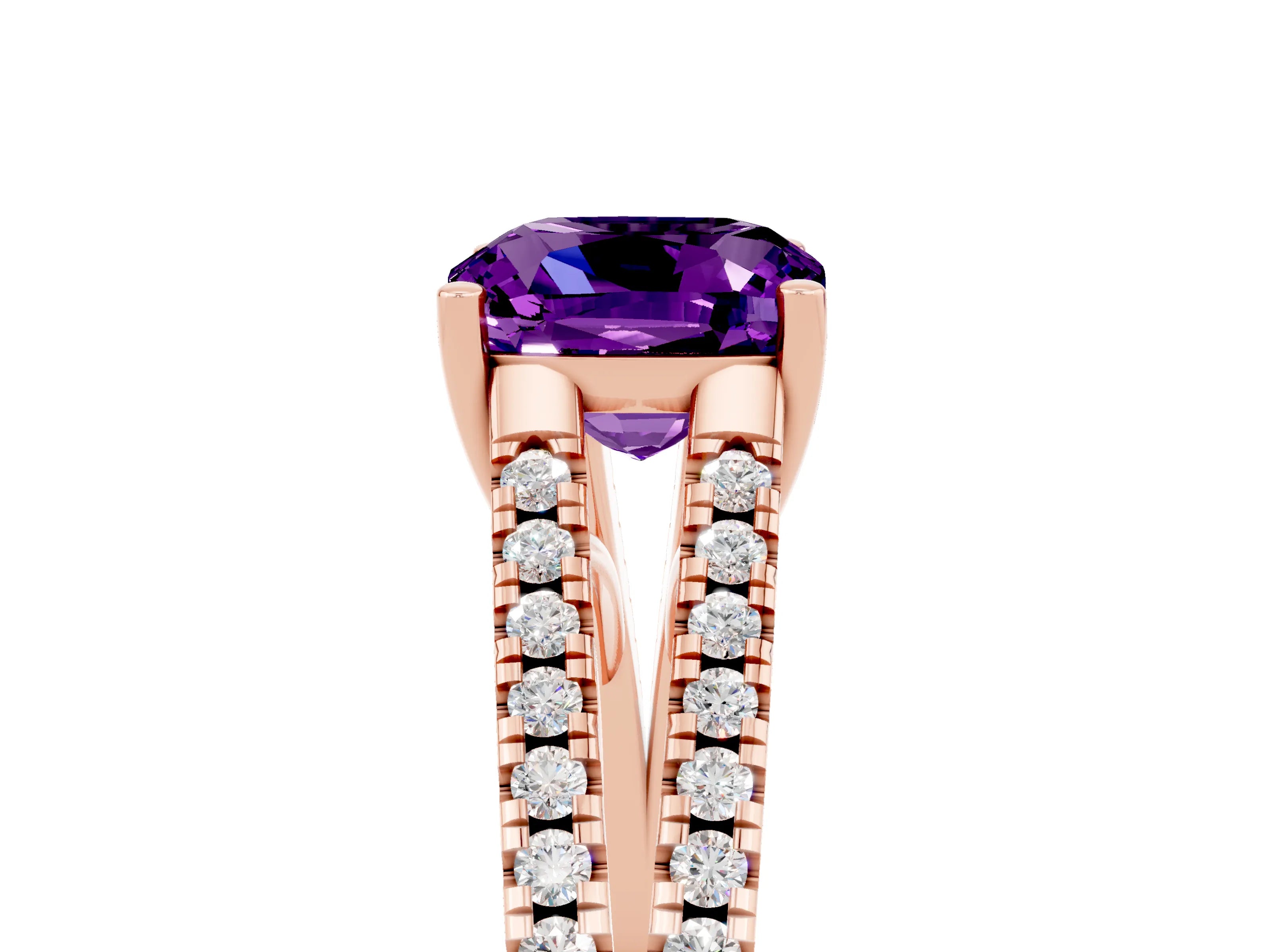 Rose gold Cushion Cut Amethyst Solitaire Engagement Ring with Split Shank Pavé Band_5