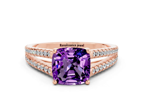 Rose gold Cushion Cut Amethyst Solitaire Engagement Ring with Split Shank Pavé Band