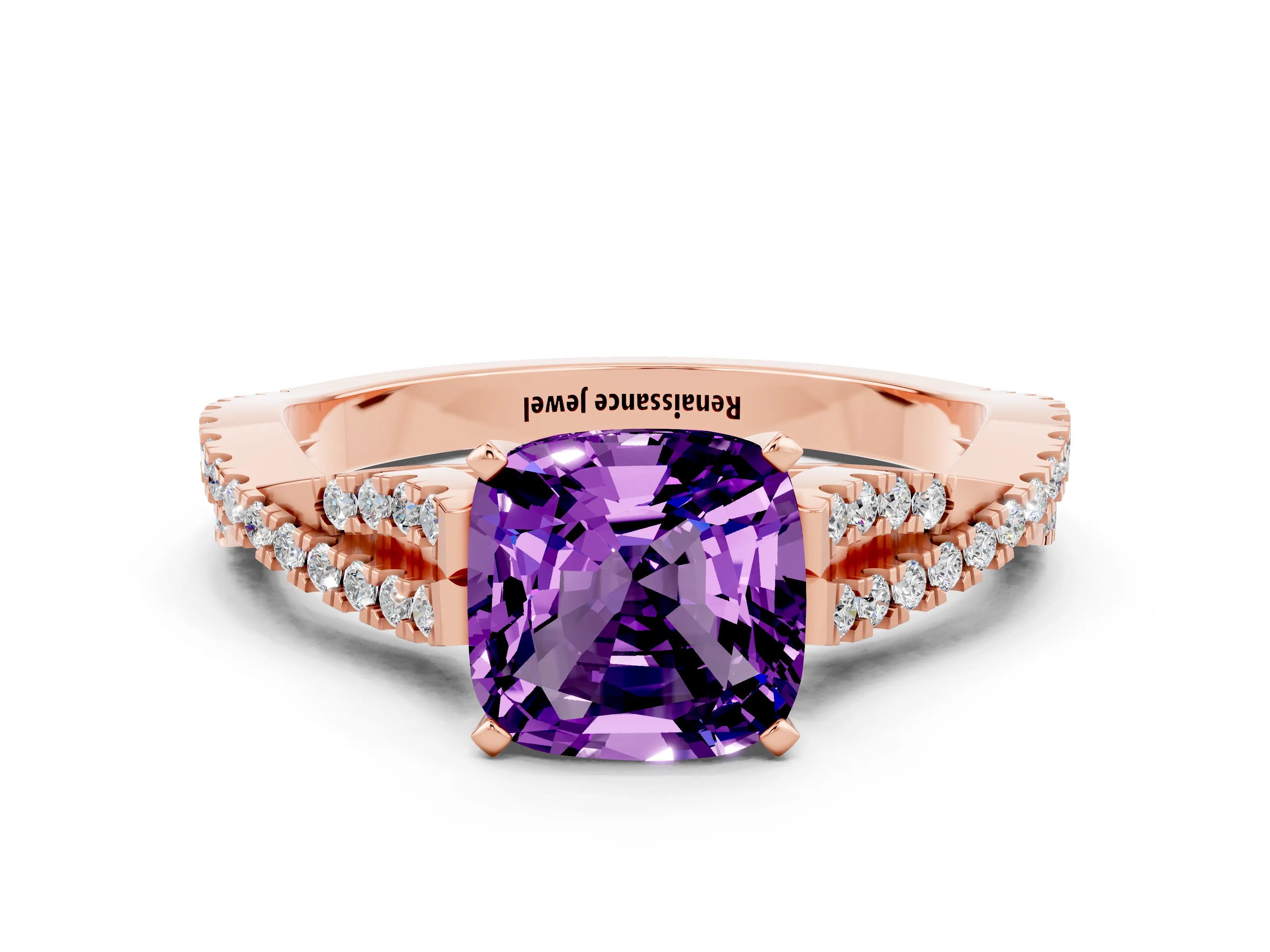 Rose gold Cushion Cut Amethyst Solitaire Engagement Ring with Twisted Pavé Band and Four-Prong Setting_12