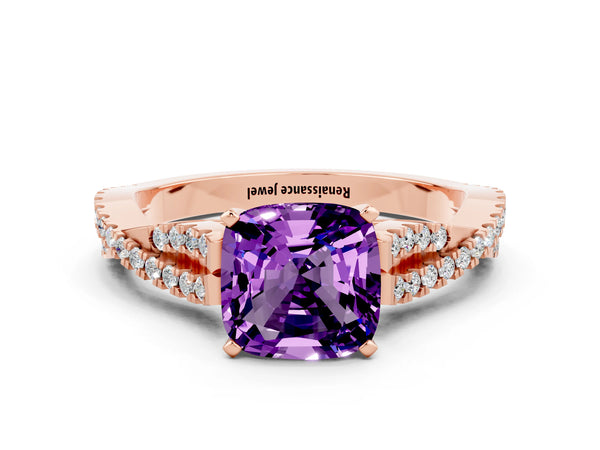 Rose gold Cushion Cut Amethyst Solitaire Engagement Ring with Twisted Pavé Band and Four-Prong Setting