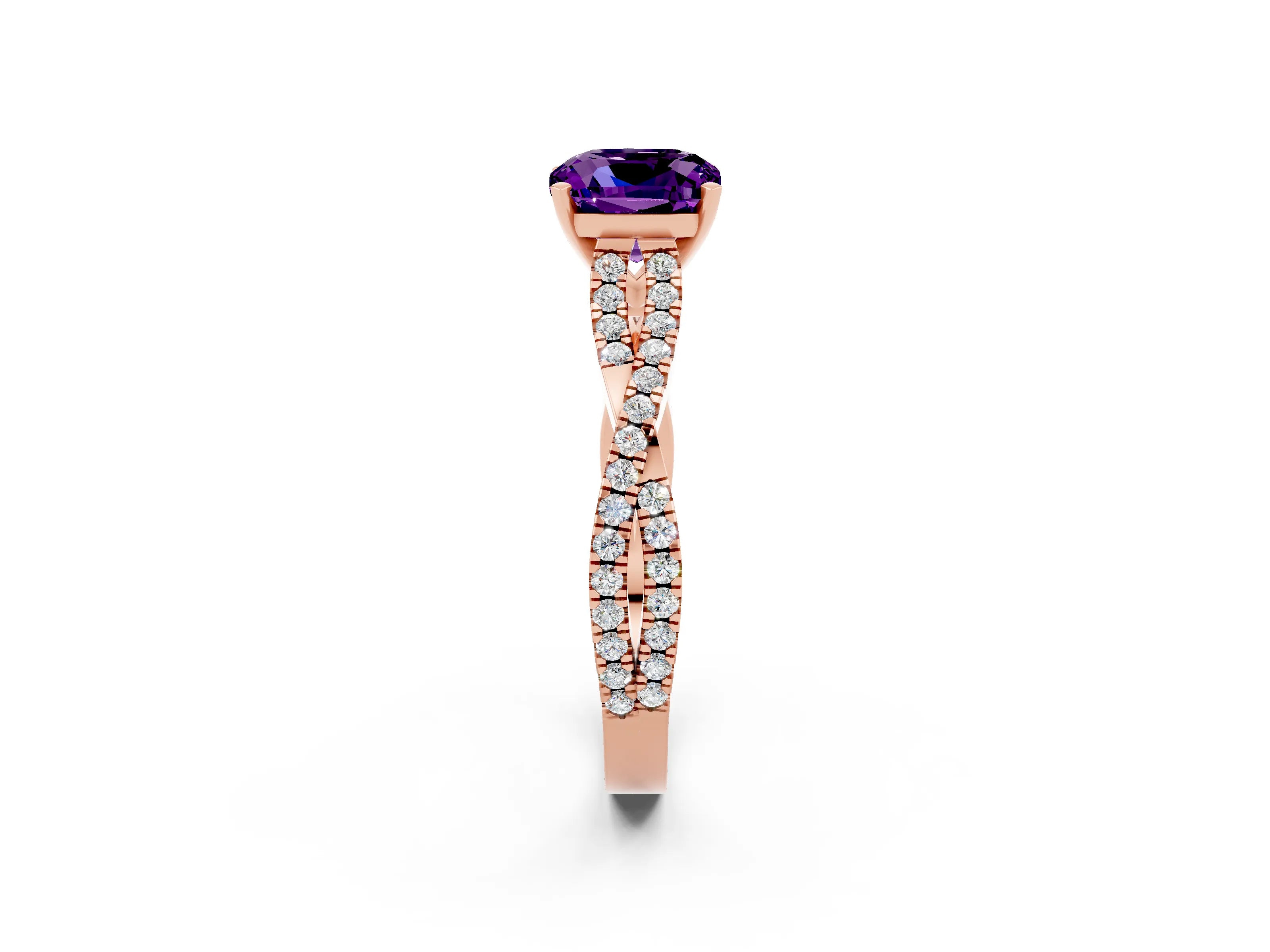 Rose gold Cushion Cut Amethyst Solitaire Engagement Ring with Twisted Pavé Band and Four-Prong Setting_14