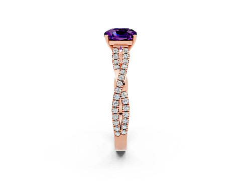 Rose gold Cushion Cut Amethyst Solitaire Engagement Ring with Twisted Pavé Band and Four-Prong Setting_14