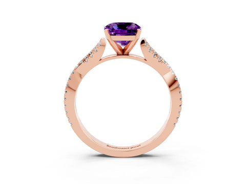 Rose gold Cushion Cut Amethyst Solitaire Engagement Ring with Twisted Pavé Band and Four-Prong Setting_15