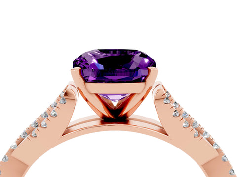 Rose gold Cushion Cut Amethyst Solitaire Engagement Ring with Twisted Pavé Band and Four-Prong Setting_16
