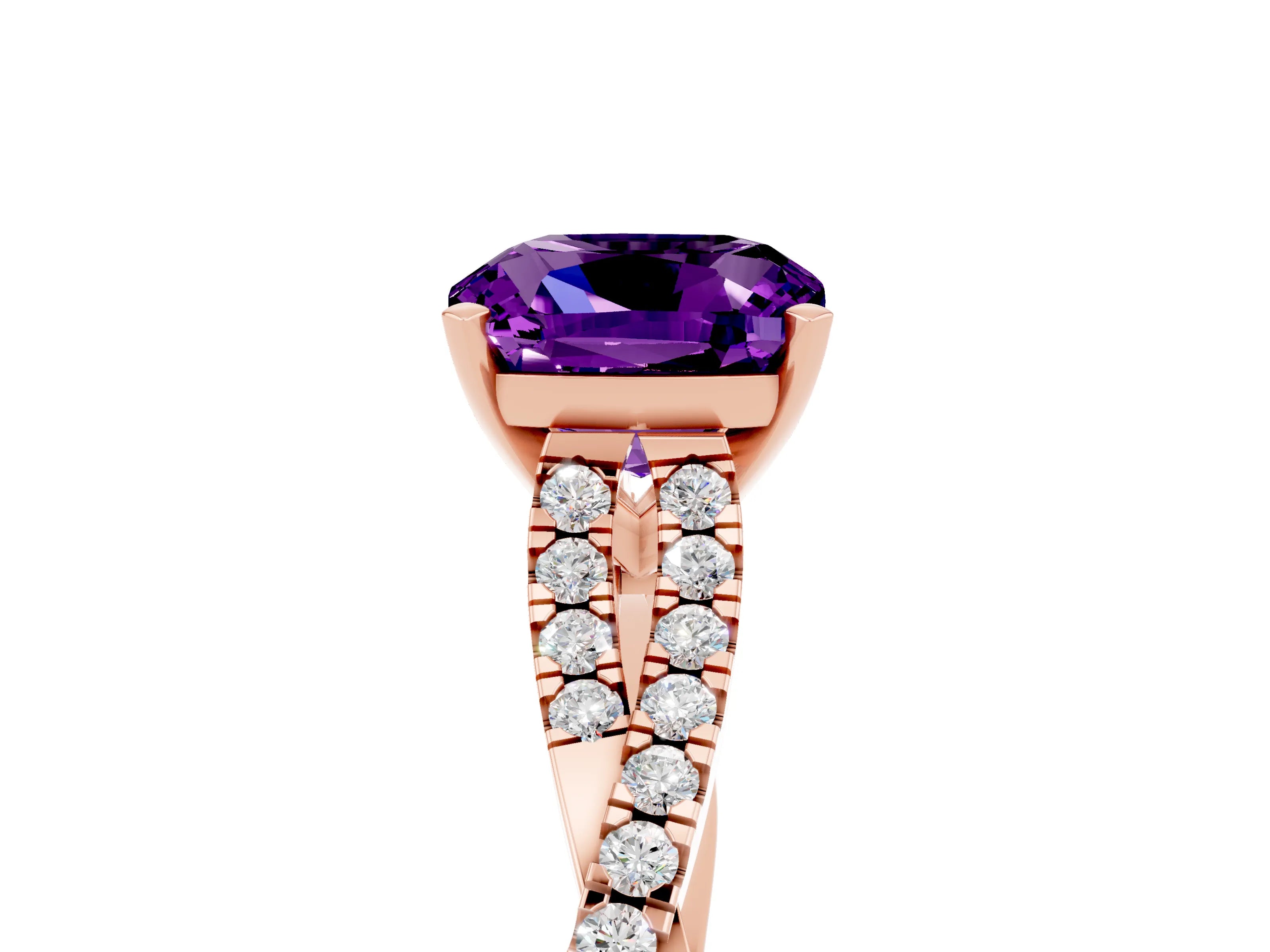 Rose gold Cushion Cut Amethyst Solitaire Engagement Ring with Twisted Pavé Band and Four-Prong Setting_17