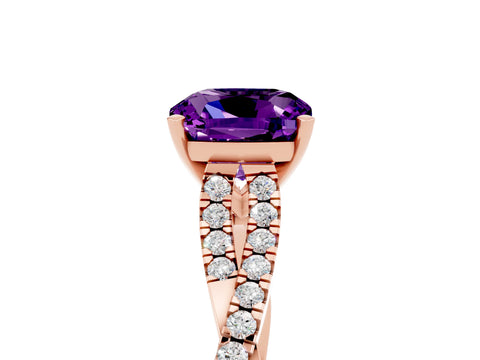 Rose gold Cushion Cut Amethyst Solitaire Engagement Ring with Twisted Pavé Band and Four-Prong Setting_17