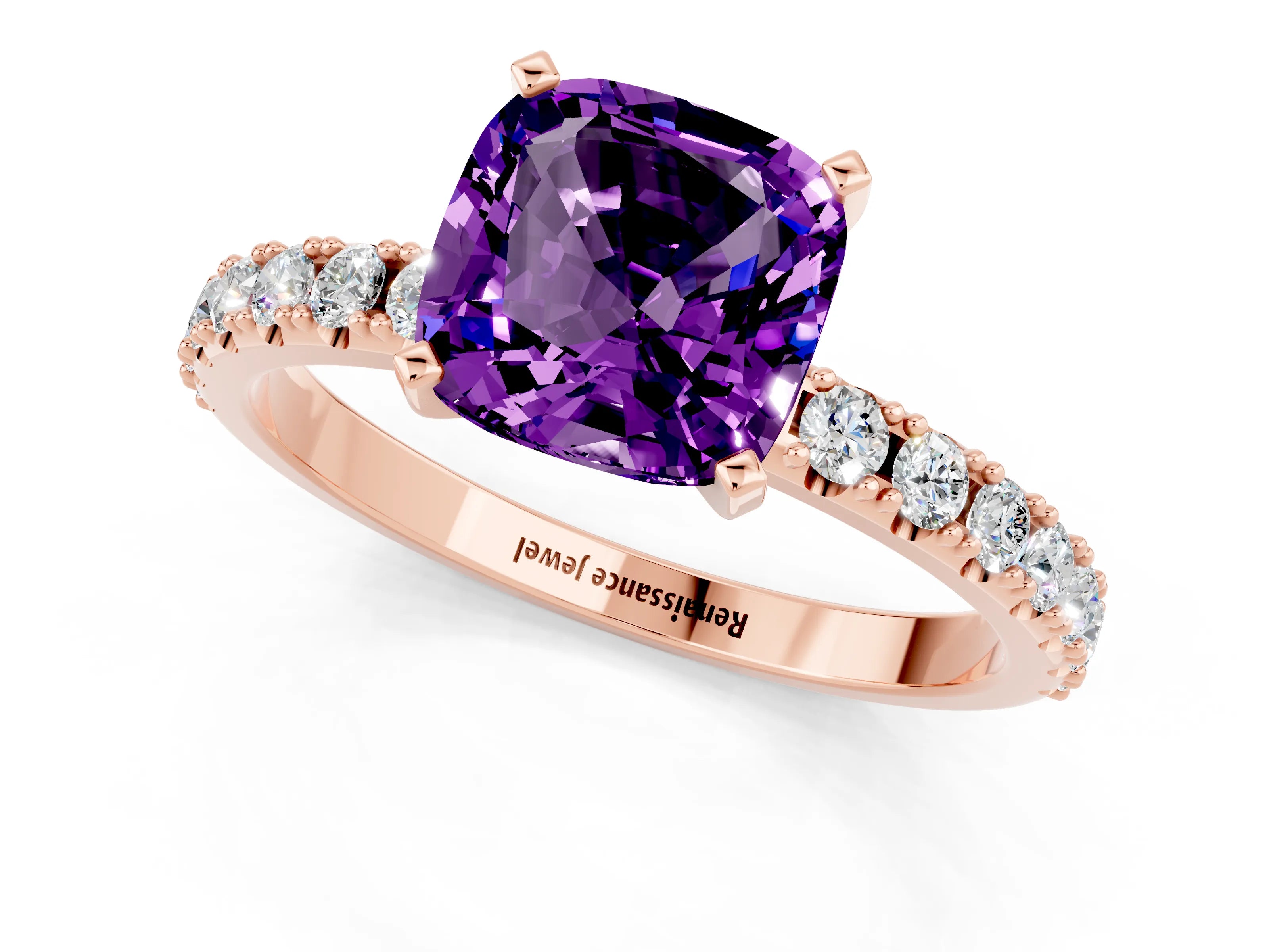 Rose gold Cushion Cut Amethyst Solitaire Pavé Band with Four-Prong Setting_1