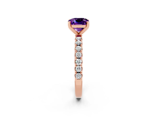 Rose gold Cushion Cut Amethyst Solitaire Pavé Band with Four-Prong Setting