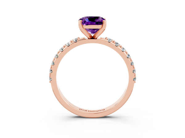 Rose gold Cushion Cut Amethyst Solitaire Pavé Band with Four-Prong Setting