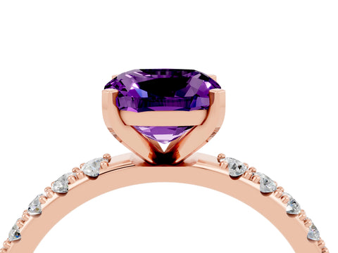 Rose gold Cushion Cut Amethyst Solitaire Pavé Band with Four-Prong Setting_4