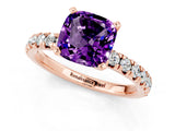 Rose gold Cushion Cut Amethyst Solitaire Pavé Engagement Ring with Round Band and Prong Setting_91
