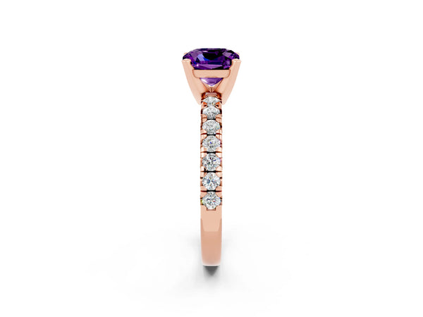Rose gold Cushion Cut Amethyst Solitaire Pavé Engagement Ring with Round Band and Prong Setting