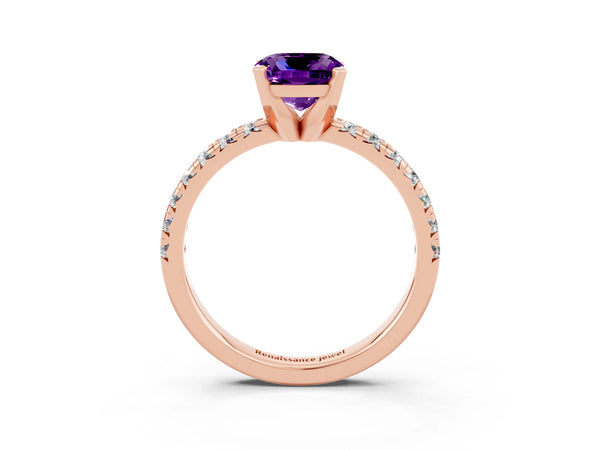 Rose gold Cushion Cut Amethyst Solitaire Pavé Engagement Ring with Round Band and Prong Setting