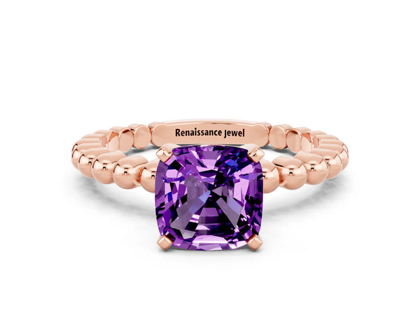 Rose gold Cushion Cut Amethyst Solitaire Ring with Beaded Band and Prong Setting