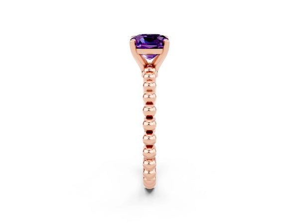 Rose gold Cushion Cut Amethyst Solitaire Ring with Beaded Band and Prong Setting