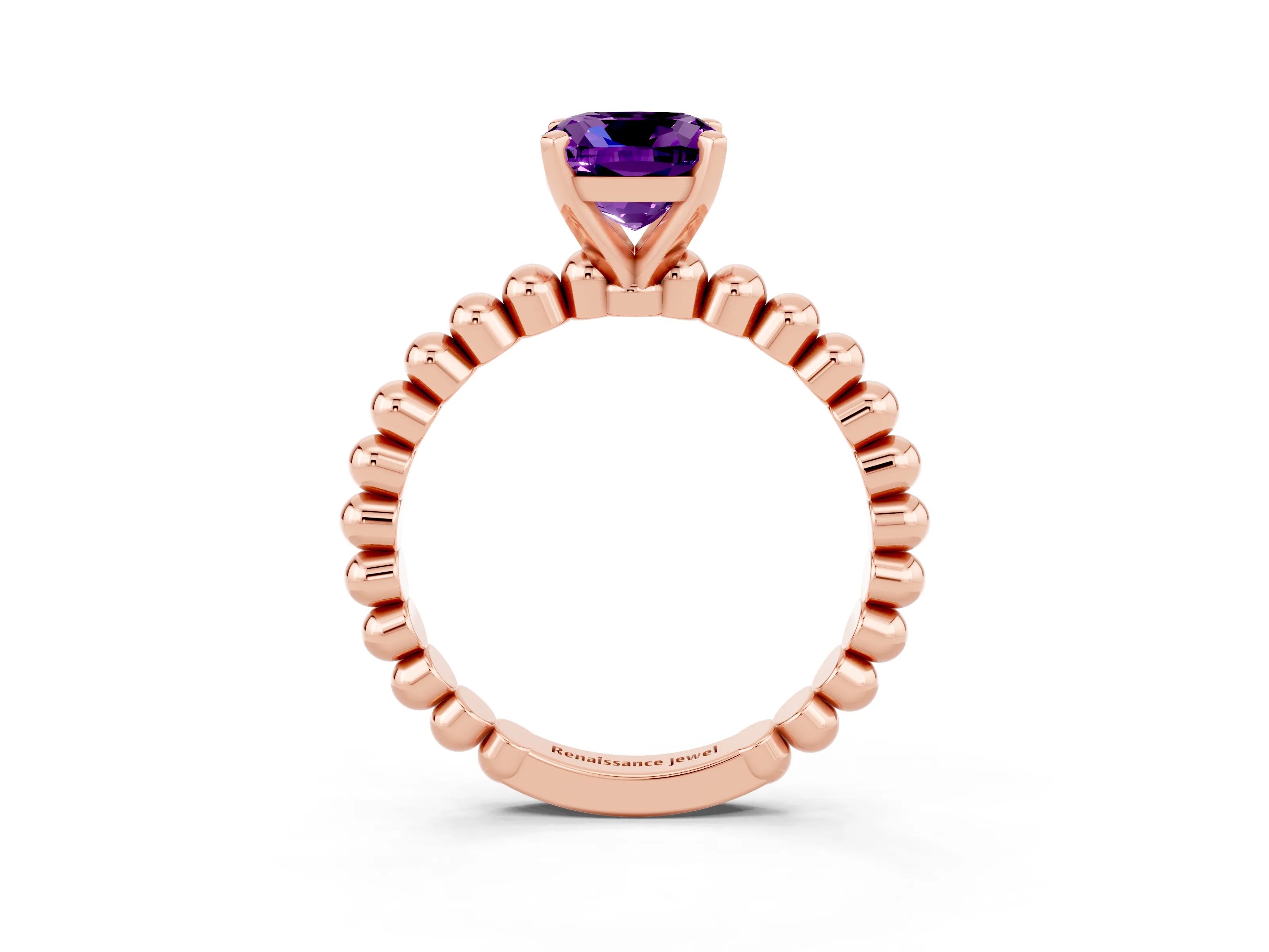 Rose gold Cushion Cut Amethyst Solitaire Ring with Beaded Band and Prong Setting_3