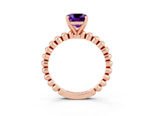 Rose gold Cushion Cut Amethyst Solitaire Ring with Beaded Band and Prong Setting