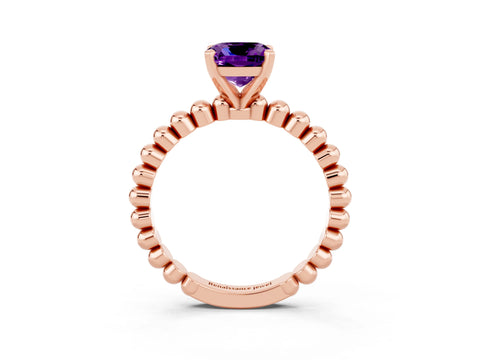 Rose gold Cushion Cut Amethyst Solitaire Ring with Beaded Band and Prong Setting_3