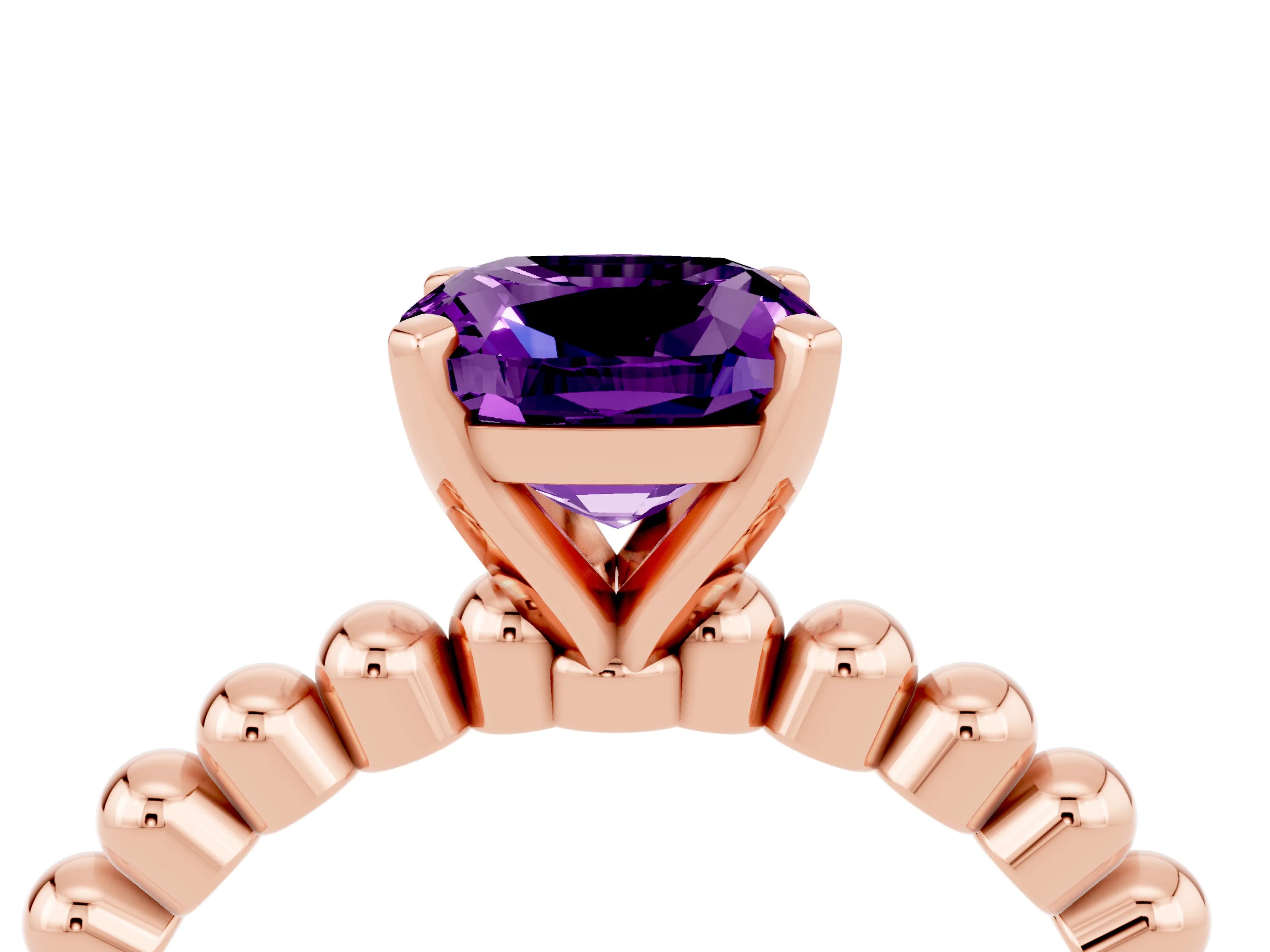 Rose gold Cushion Cut Amethyst Solitaire Ring with Beaded Band and Prong Setting_4