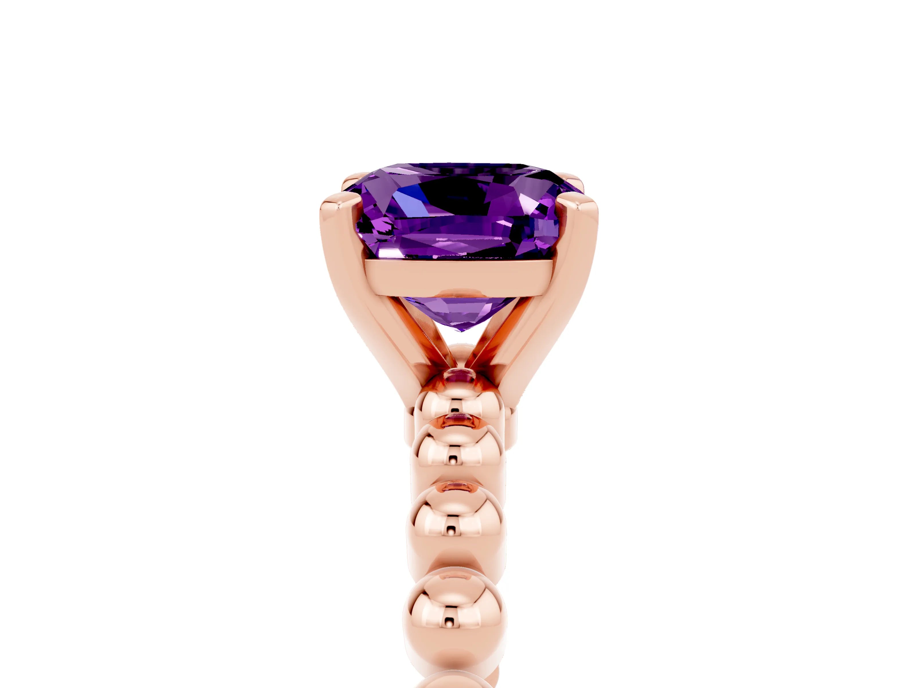 Rose gold Cushion Cut Amethyst Solitaire Ring with Beaded Band and Prong Setting_5