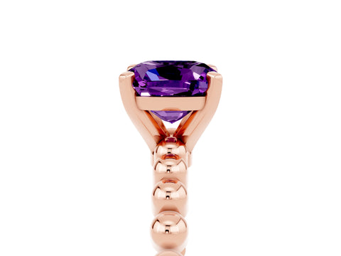 Rose gold Cushion Cut Amethyst Solitaire Ring with Beaded Band and Prong Setting_5