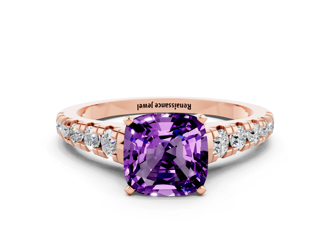 Rose gold Cushion Cut Amethyst Solitaire Ring with Cathedral Setting and Pavé Band