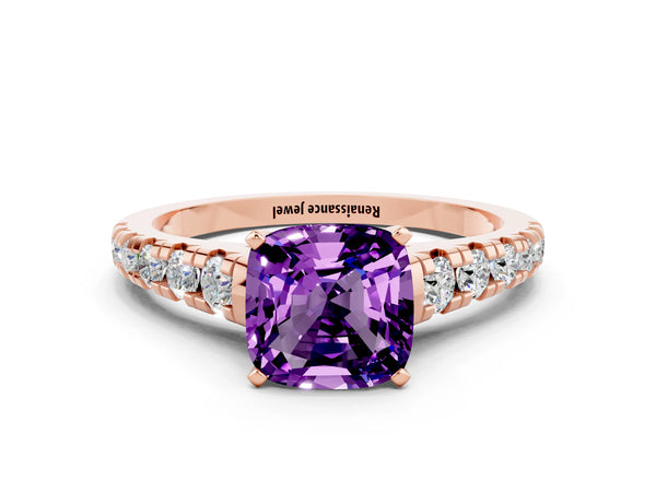 Rose gold Cushion Cut Amethyst Cathedral Solitaire Ring with Round  Pavé Band