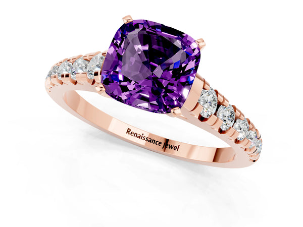 Rose gold Cushion Cut Amethyst Cathedral Solitaire Ring with Round  Pavé Band