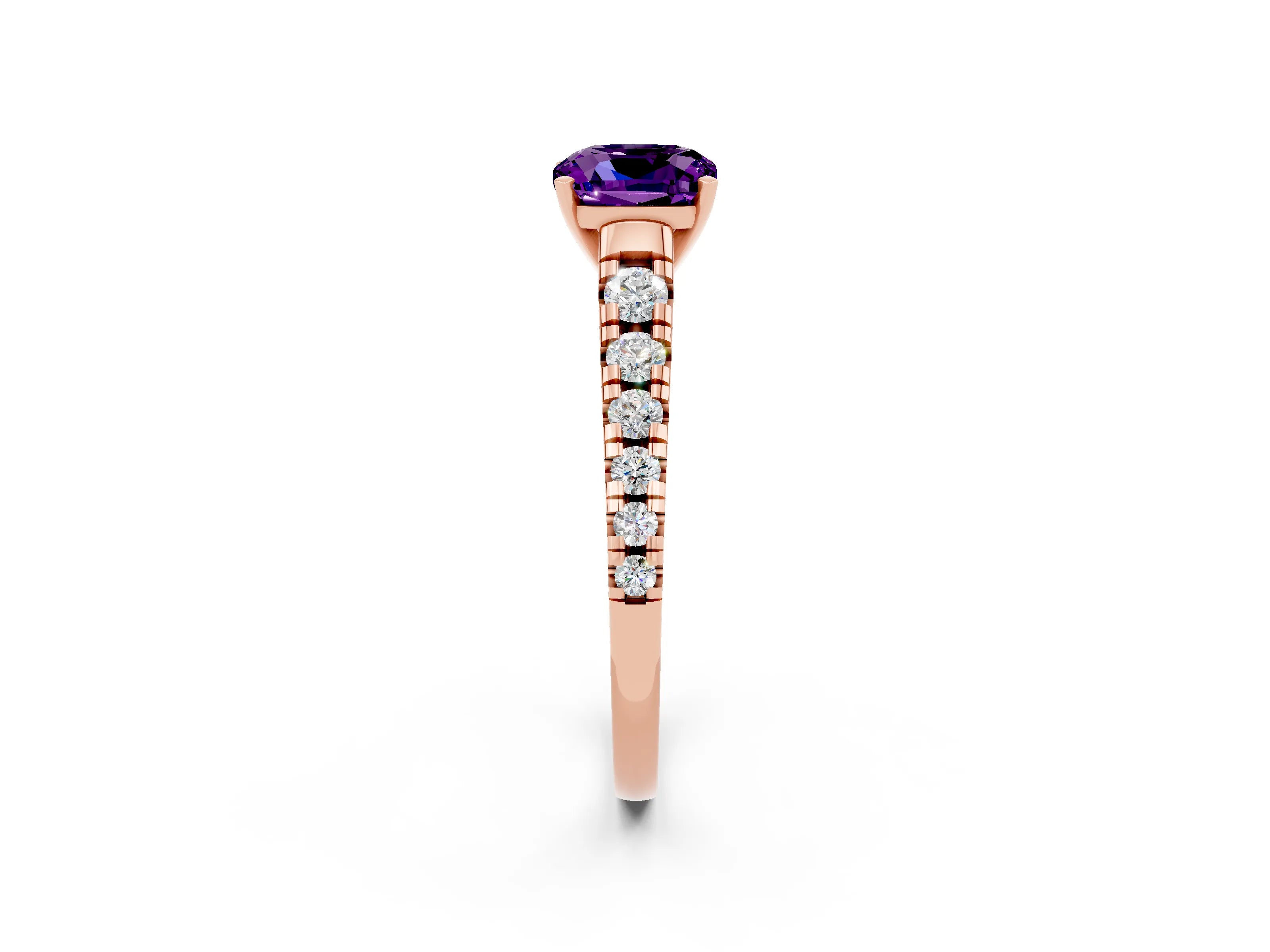 Rose gold Cushion Cut Amethyst Solitaire Ring with Cathedral Setting and Pavé Band_2