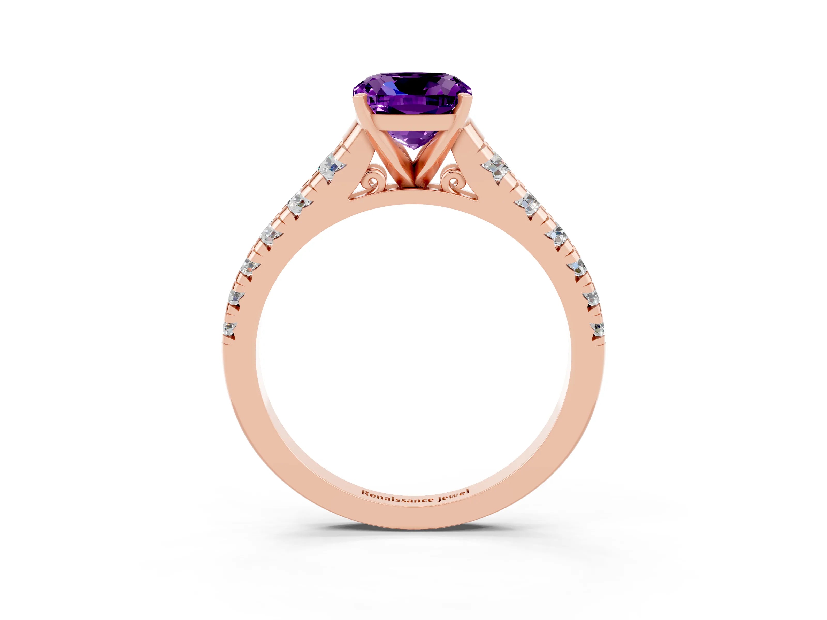 Rose gold Cushion Cut Amethyst Solitaire Ring with Cathedral Setting and Pavé Band_3