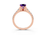 Rose gold Cushion Cut Amethyst Solitaire Ring with Cathedral Setting and Pavé Band_3