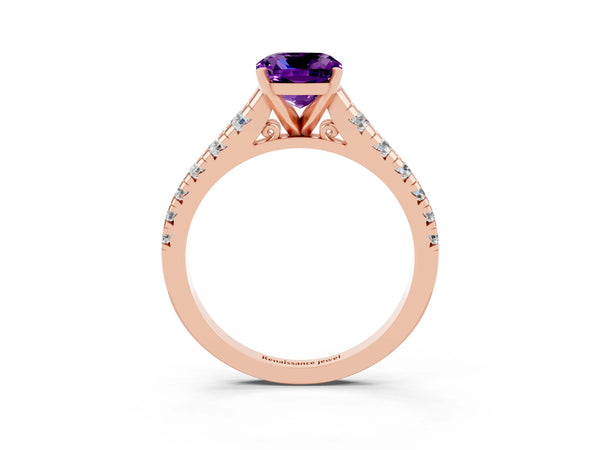 Rose gold Cushion Cut Amethyst Cathedral Solitaire Ring with Round  Pavé Band