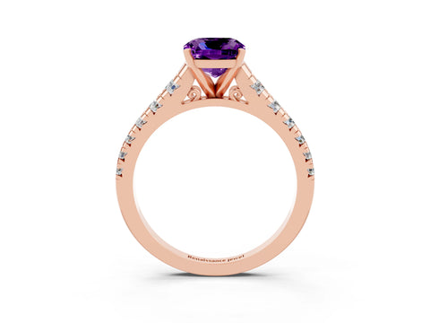 Rose gold Cushion Cut Amethyst Solitaire Ring with Cathedral Setting and Pavé Band_3