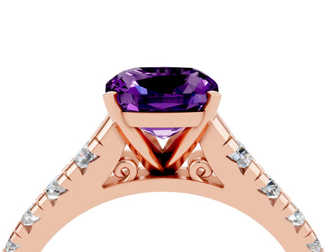 Rose gold Cushion Cut Amethyst Solitaire Ring with Cathedral Setting and Pavé Band_4